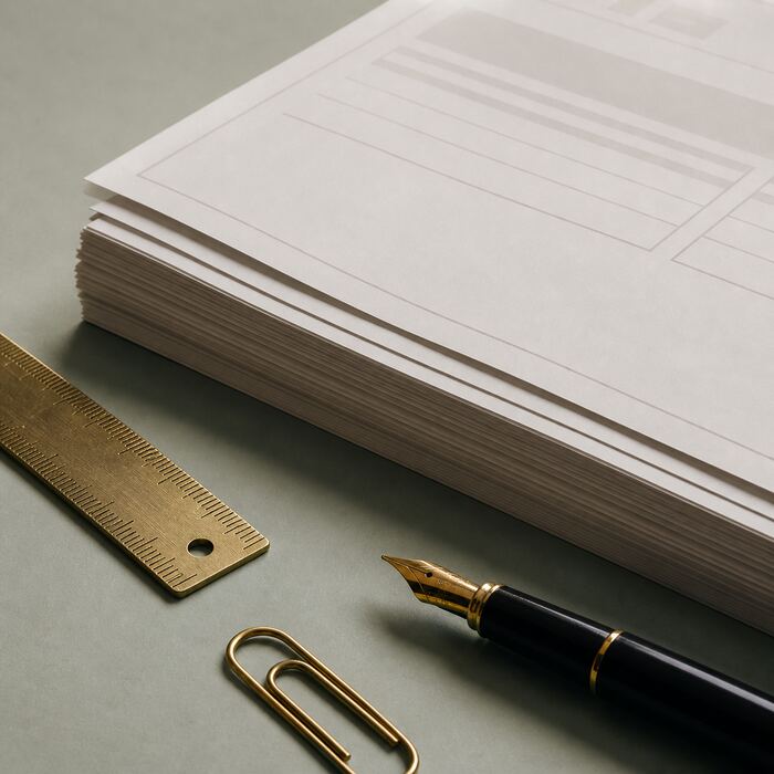 Blank ruled ledger pages, ruler and fountain pen